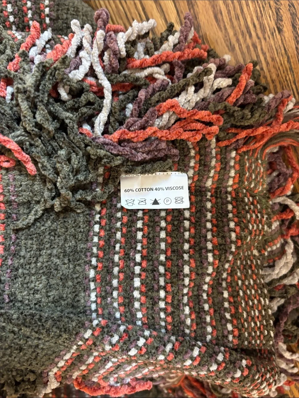 Moss green Striped Fringe Throw with cream orange Accents